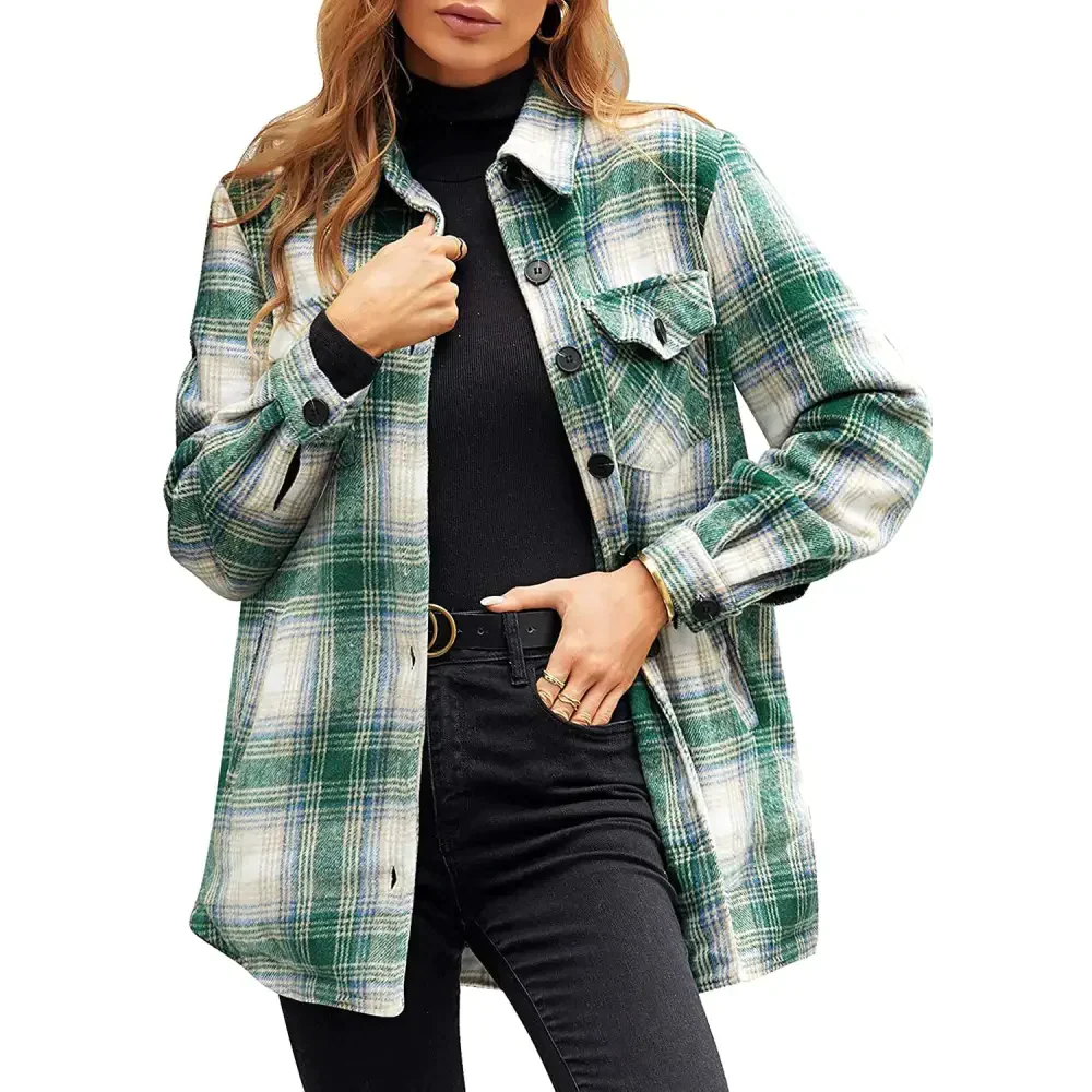 Women Oversized Check Button Shirt Jacket - Green / 2xl - St Vesti