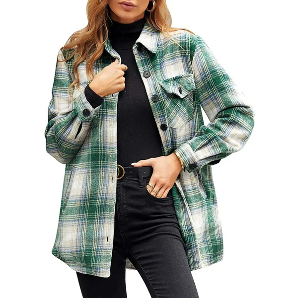 Women Oversized Check Button Shirt Jacket - Green / 2xl - St Vesti