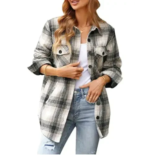 Women Oversized Check Button Shirt Jacket - Khaki / 2xl - St Vesti