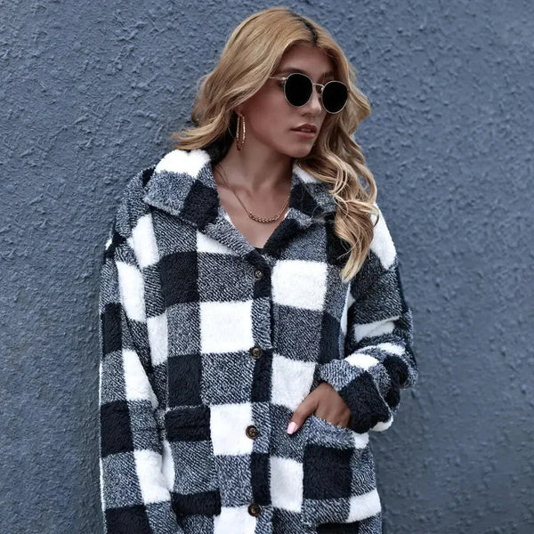 Women Oversized Check Button Shirt Jacket - Black And White / l - St Vesti