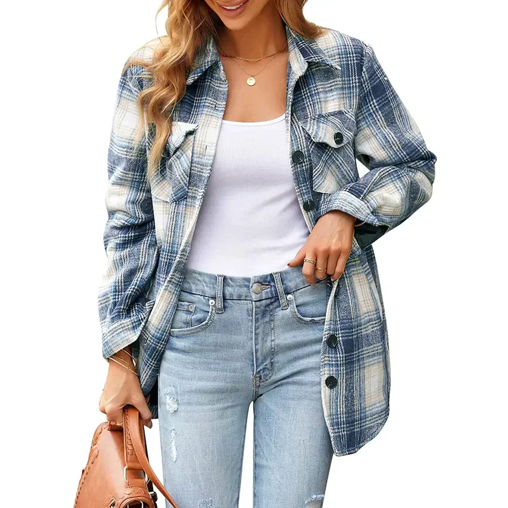 Women Oversized Check Button Shirt Jacket - Blue / 2xl - St Vesti