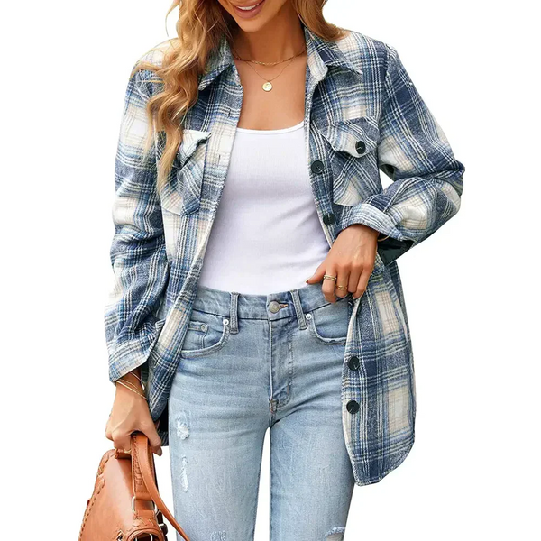 Women Oversized Check Button Shirt Jacket - Blue / 2xl - St Vesti