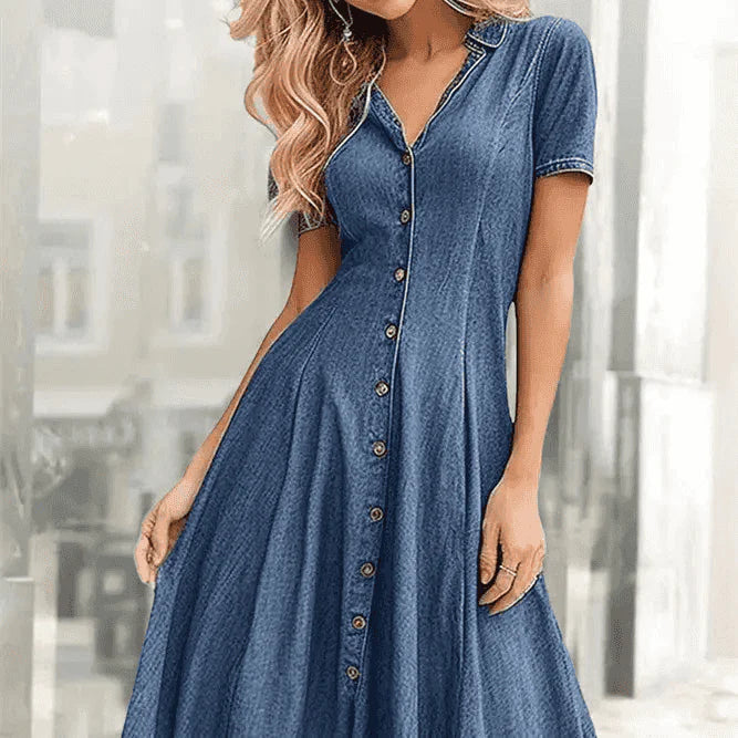 Women’s Fashion Casual Short-sleeved V-neck Denim Dress - St Vesti