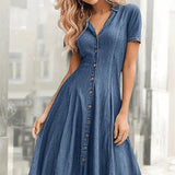 Women’s Fashion Casual Short-sleeved V-neck Denim Dress - St Vesti