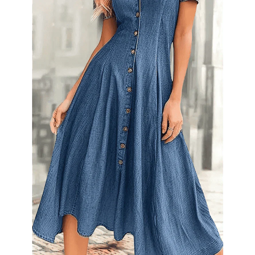 Women’s Fashion Casual Short-sleeved V-neck Denim Dress - St Vesti